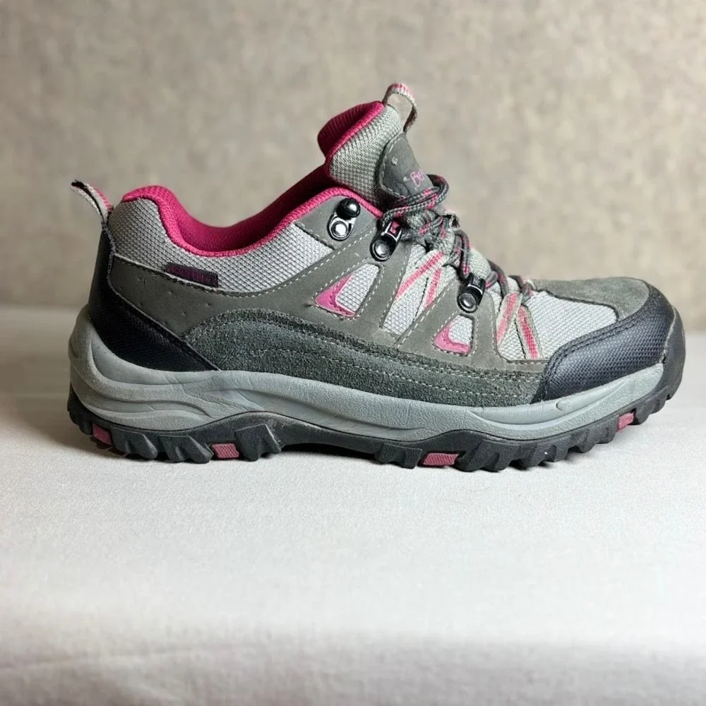 Bearpaw Hiking Shoes Wmns 8.5 Grey Pink Suede Mesh Trail Sneakers Outdoor Sport